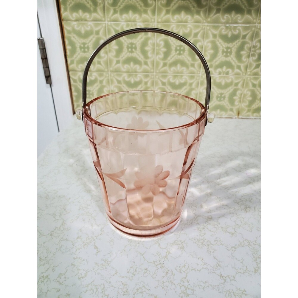 Vintage Pink Depression Glass Etched Floral Design Ice Bucket EUC